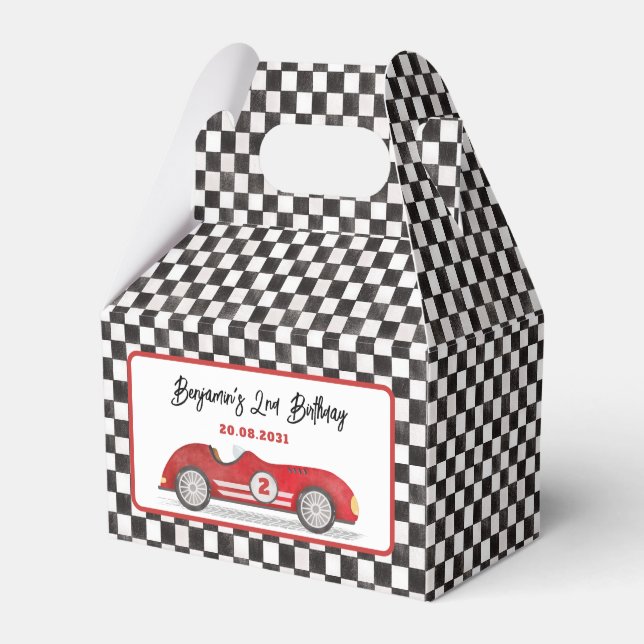Retro Red Race Car Two Fast Boy 2nd Birthday Favor Box (Front Side)