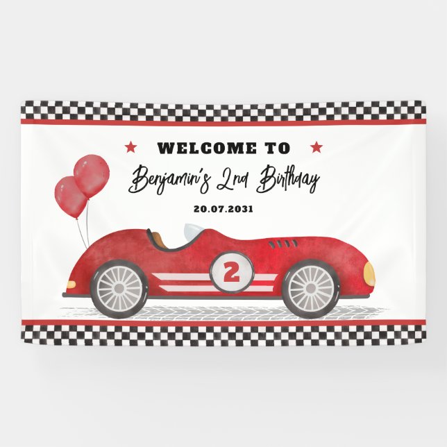 Retro Red Race Car Two Fast Boy Birthday Welcome Banner (Horizontal)