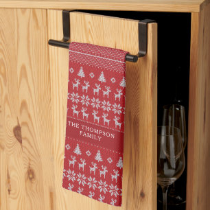 Retro Red Reindeer Monogram Nostalgic Christmas Kitchen Towel