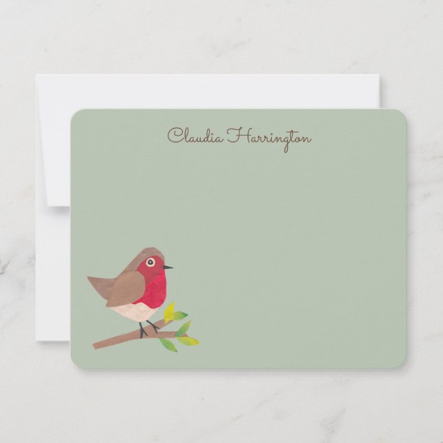 Retro Red Robin Hand-Illustrated Sage Green Card (Front)