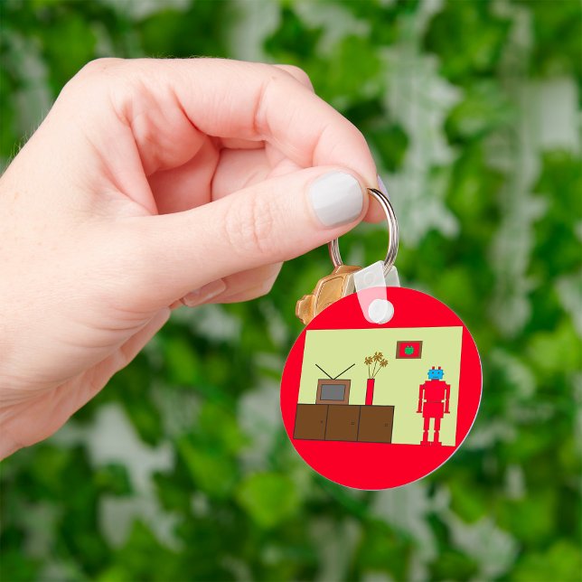 Retro Red Robot Mid-Century Modern Minimalist Keychain (Creator Uploaded)