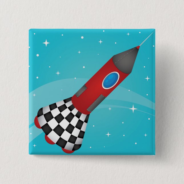 Retro Red Rocket Ship in Space Galactic 2 Inch Square Button (Front)
