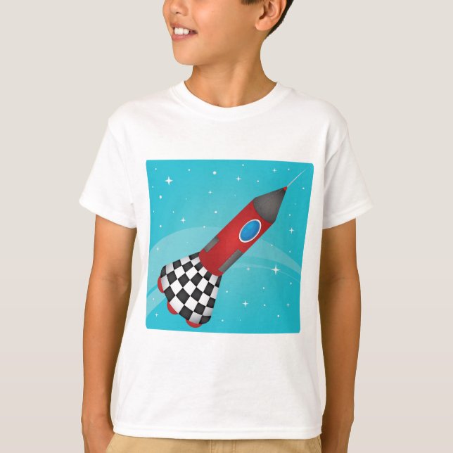 Retro Red Rocket Ship in Space Galactic T-Shirt (Front)