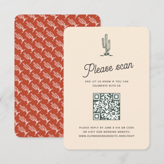 Retro Red Saguaro Cacti Desert Wedding QR Code RSVP Card (Front/Back)
