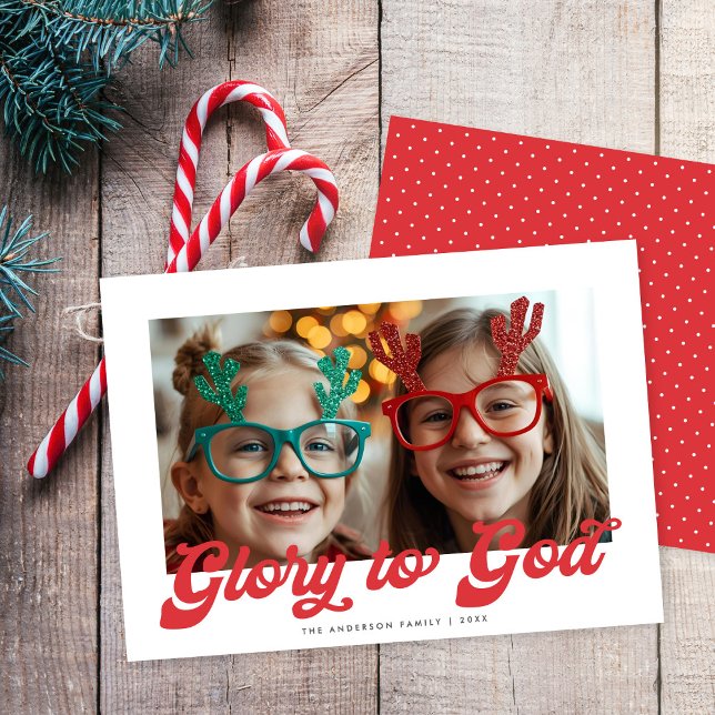 Retro Red Script Glory To God One Photo Christmas  Holiday Card (Creator Uploaded)