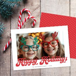 Retro Red Script Happy Holidays One Photo Holiday Card