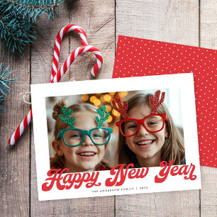 Retro Red Script Happy New Year One Photo Holiday Card
