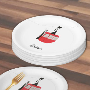 Retro Red Ski Gondola Lift Personalized Paper Plate