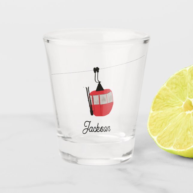 Retro Red Ski Gondola Lift Personalized Shot Glass (Front)