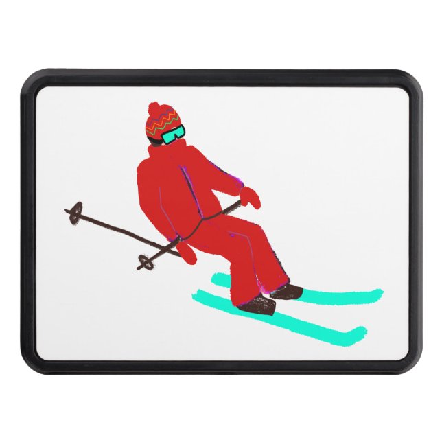 Retro Red Skier Skiing Ski Illustration Trailer Hitch Cover (Front)