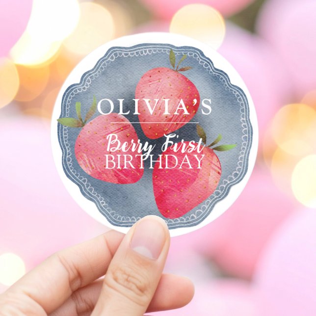 Retro red Strawberry Berry First Birthday  Classic Round Sticker (Creator Uploaded)