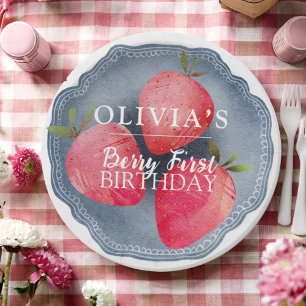 Retro red Strawberry Berry First Birthday Paper Plate