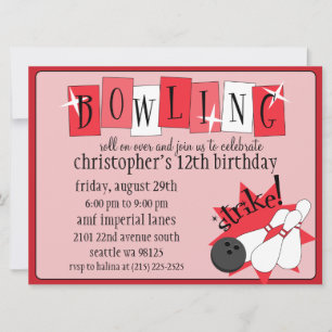 Retro Red Totally Retro Bowling Birthday Party Invitation