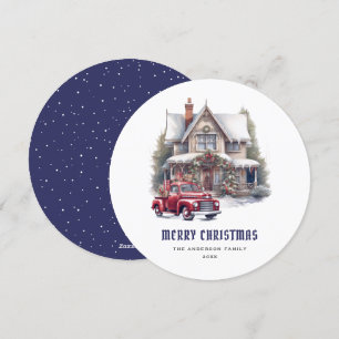 Retro Red Truck Blue Merry Christmas Card