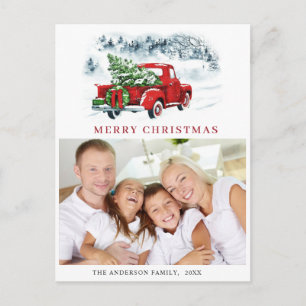 Retro Red Truck Christmas Greeting Holiday Photo Postcard
