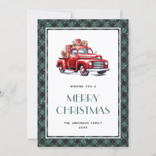 Retro Red Truck Green Plaid Merry Christmas Card