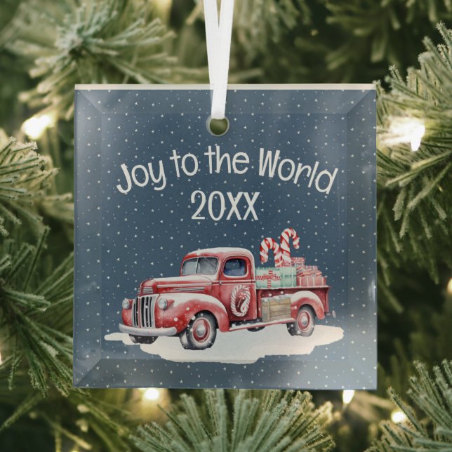 Retro Red Truck In Snowflakes Glass Ornament (Insitu)