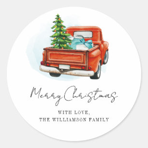 Retro Red Truck Merry Christmas Custom Classic Round Sticker