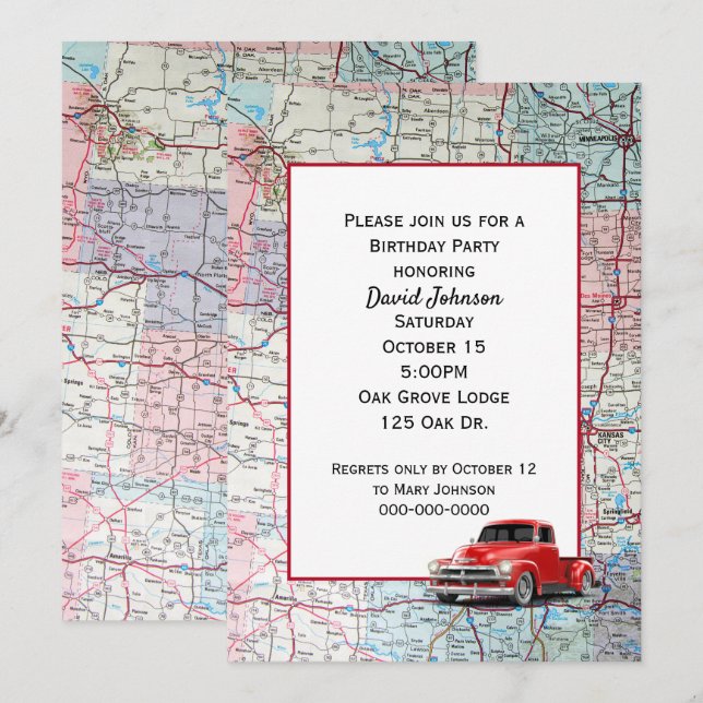 Retro Red Truck on Map For Party Invitation (Front/Back)