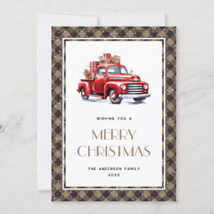 Retro Red Truck Plaid Merry Christmas Card