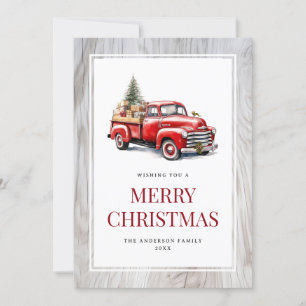 Retro Red Truck Rustic Wood Merry Christmas Card