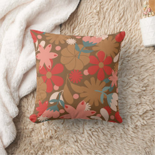 Retro Red Vintage Floral Throw Pillow