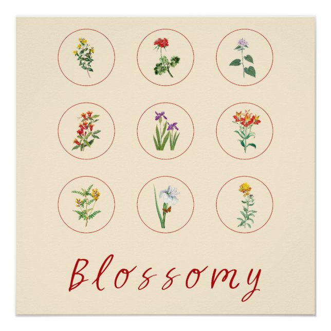 Retro Red Vintage Hibiscus and Lilies Blossom Poster (Front)