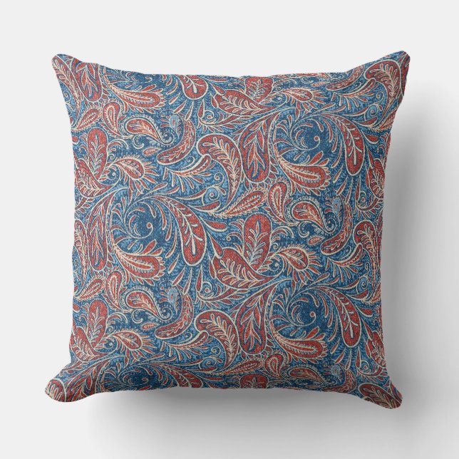 Retro Red, White and Blue Paisley Pattern Throw Pillow (Front)