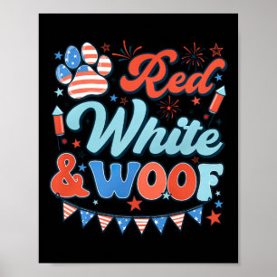 Retro Red White And Woof Us Flag Dog Paw Happy 4th Poster