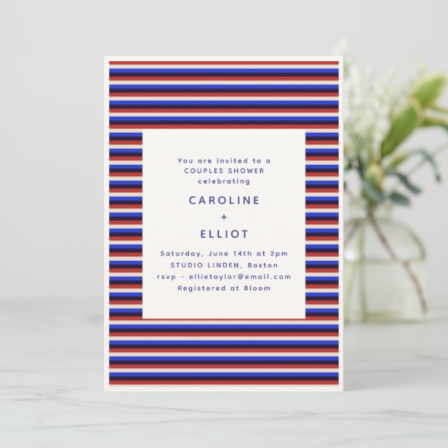 Retro Red White Blue Stripe Couples Shower Invitation (Standing Front)