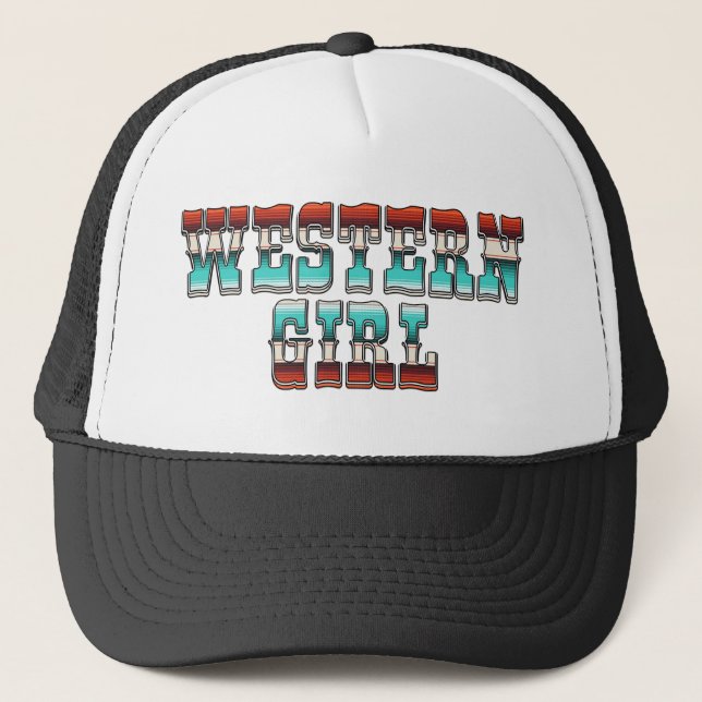 Retro Red White Blue Western Girl Trucker Hat (Front)
