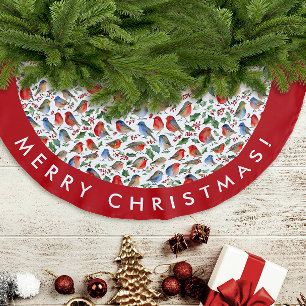 Retro Red White Christmas Robin Watercolor Pattern Brushed Polyester Tree Skirt