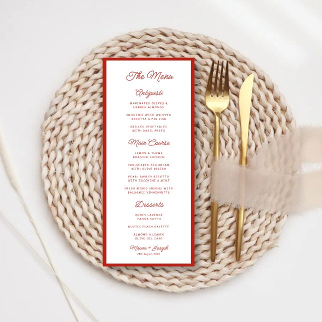 Retro Red & White Wedding Menu (Retro red and white wedding menu adds vintage charm and stylish table appeal.)