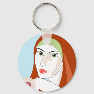 Retro Redhead Floral Fashion Portrait Art Keychain