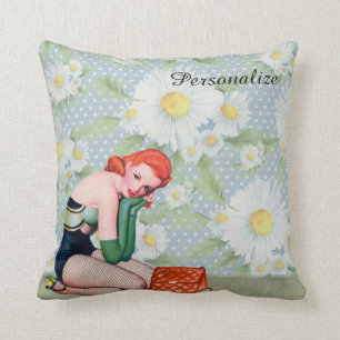 Retro Redhead Pin-up Girl Throw Pillow 16" x 16"