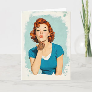 Retro Redhead Sending Sweet Kiss Card