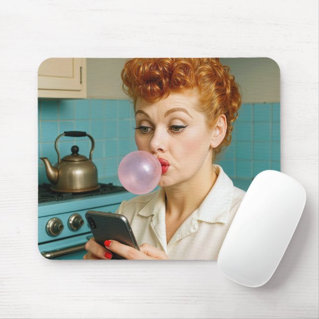 Retro Redhead Texting On a Cell Phone Mouse Pad (With Mouse)