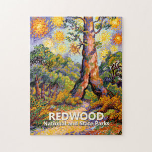 Retro Redwood Forest Colorful Wilderness Van Gogh Jigsaw Puzzle