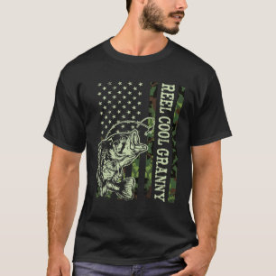 Retro Reel Cool Granny Camouflage USA Flag Fishing T-Shirt