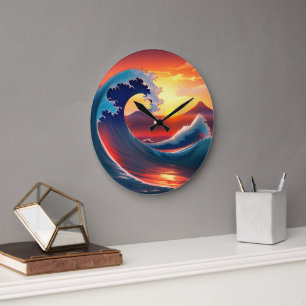 Retro Reimagining of The Great Wave Off  Large Clock