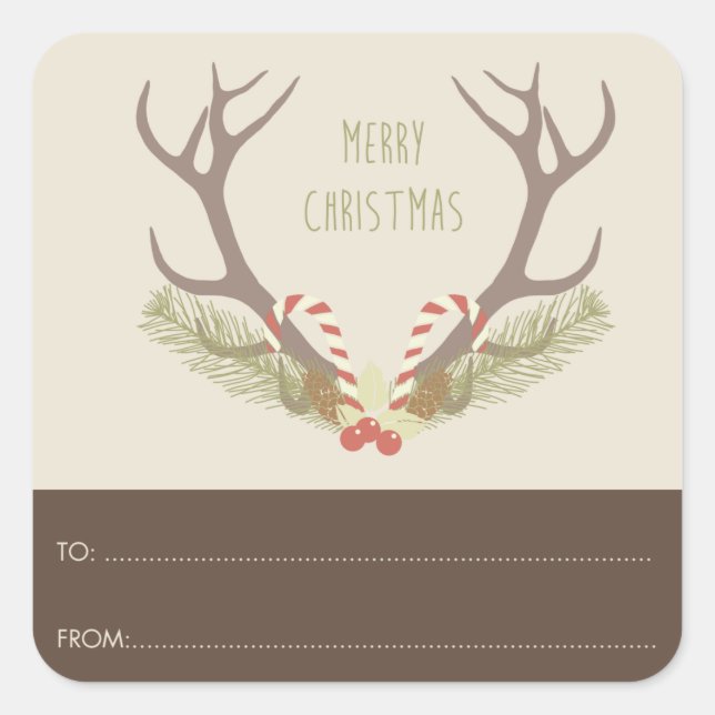 Retro Reindeer horns, Candy Cane and Berries Square Sticker (Front)