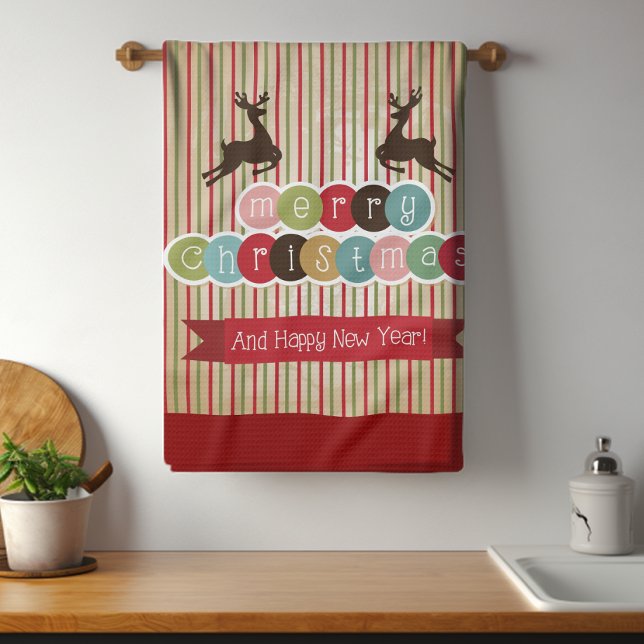 Retro Reindeer Merry Christmas Happy New Year Kitchen Towel (Creator Uploaded)