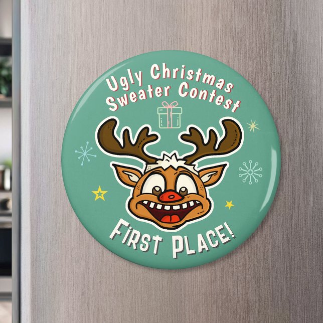 Retro Reindeer Ugly Christmas Sweater Contest 1st Magnet (Creator Uploaded)