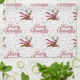 Retro Reindeer with Atomic Snowflakes Personalized Kitchen Towel