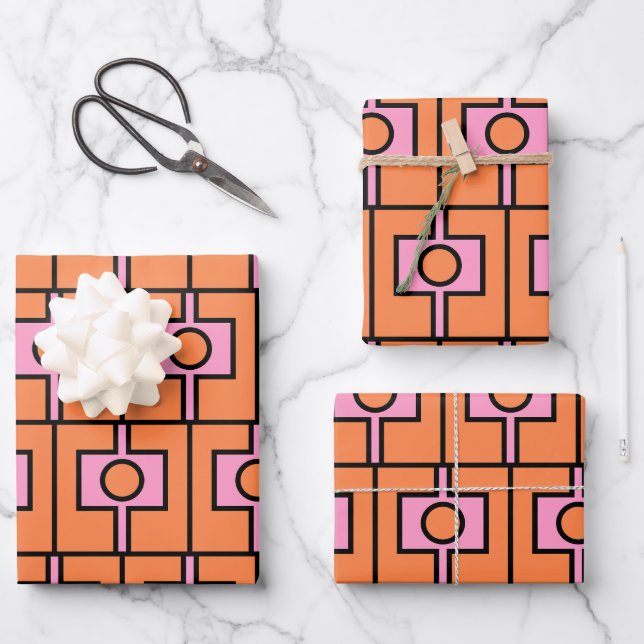Retro Rektangel Geometric Pattern Mod Orange Pink Wrapping Paper Sheet (Front)