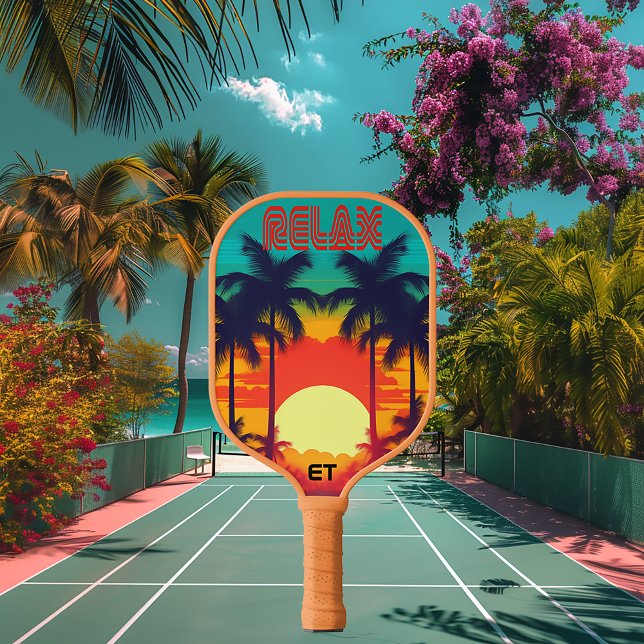 Retro RELAX Colourful Tropical Sunset  Pickleball Paddle (Sporty Tropical 80s Retro Pickleball Paddle )
