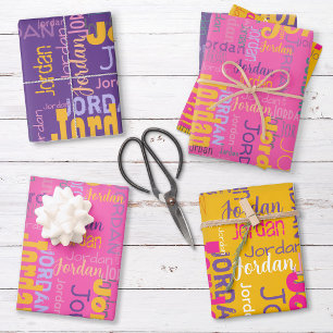 Retro Repeating Name Colors Pink Purple Yellow Wrapping Paper Sheet