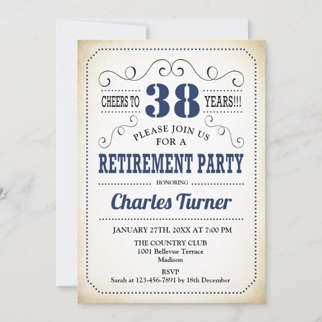 Retro Retirement Party - Navy Blue Cream White Invitation (Front)