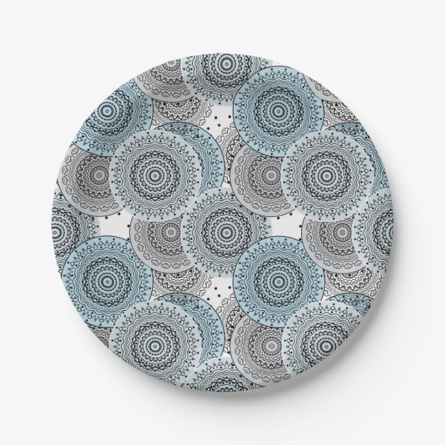 Retro, retro pattern, blue and grey,  elegant bath paper plate (Front)