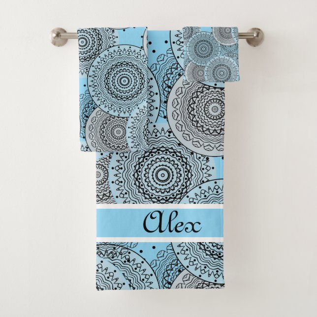 Retro, retro pattern, blue and grey,  elegant bath towel set (Insitu)